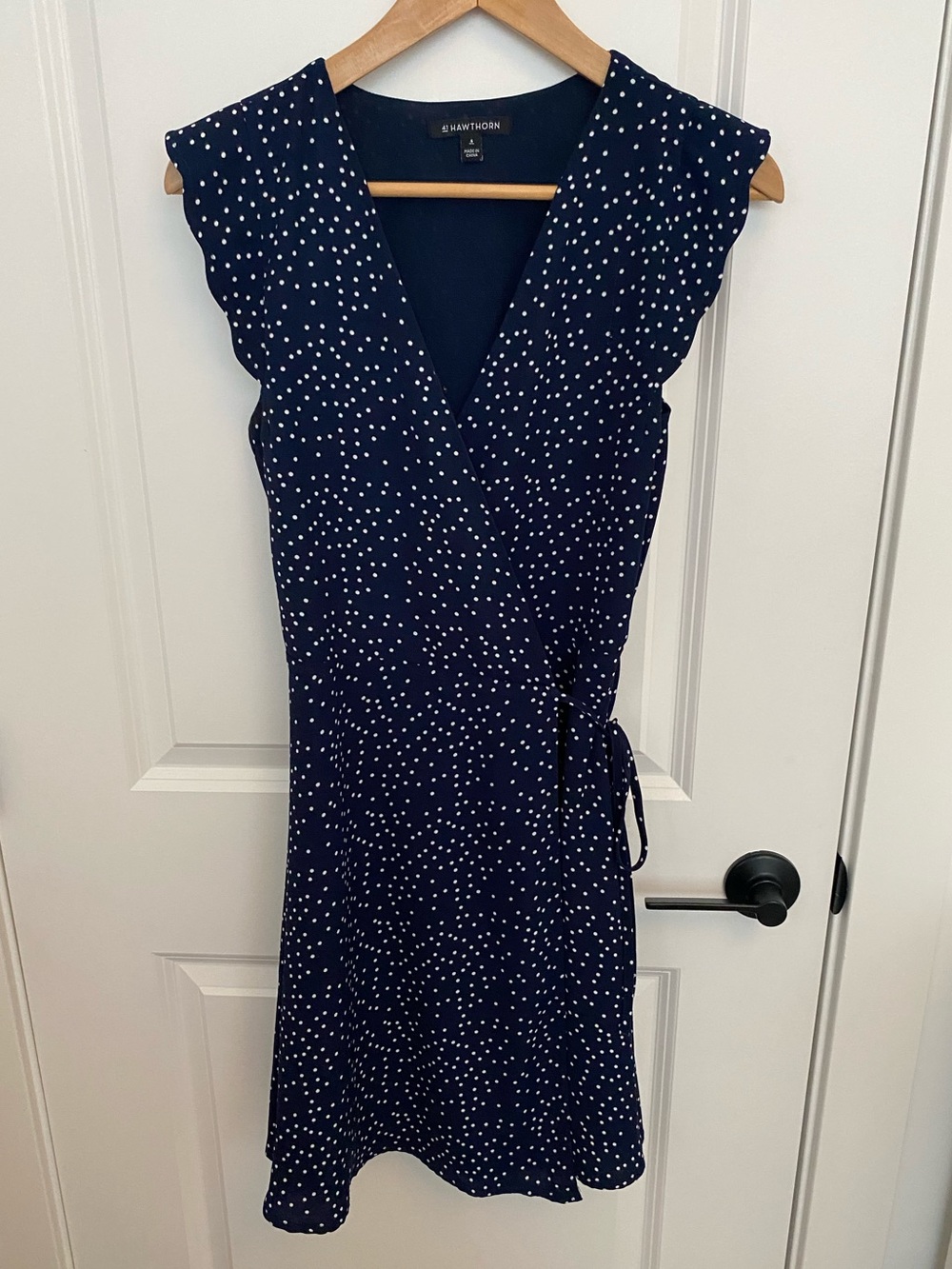 41 Hawthorn - Myrtle Scallop Detail Wrap Dress- Navy & White Polka Dots